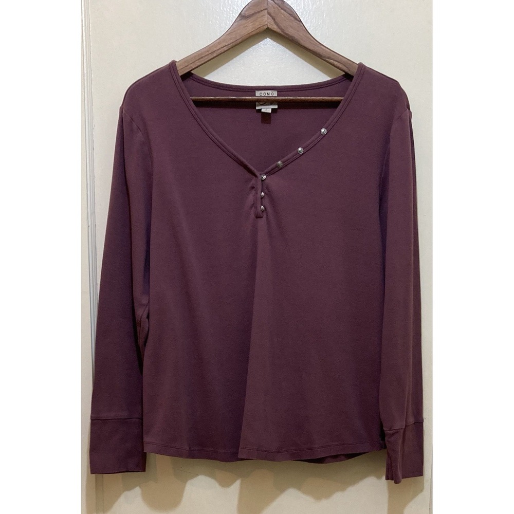Como Vintage Womens Y2K Henley V-Neck Buttons Size L Maroon Soft Preppy 90s‎